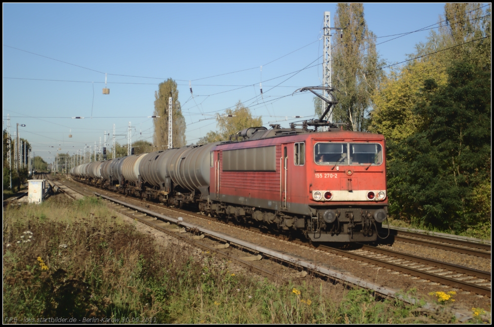DB Schenker 155 270-2 mit einem Kesselzug (gesehen Berlin Karow 30.09.2011)
<br><br>
- Update: ++ 30.10.2014 Fa. Bender, Opladen