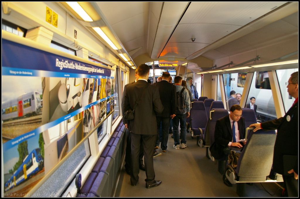 Der modernisierte und und umgebaute Innenraum des VT 011 / 650 543-1 der Niederbarnimer Eisenbahn (NEB), der auf der InnoTrans 2014 in Berlin ausgestellt war