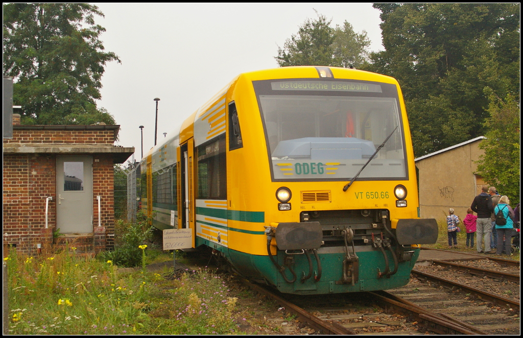 ODEG VT 650.66 / 650 066-3 in Berlin-Schoeneweide, 20.09.2014
<br><br>
Auf dem 11. Berliner Eisenbahnfest war auch die Ostdeutsche Eisenbahn GmbH (ODEG) mit einem RS1 zu Gast. Der Triebwagen wurde 2004 von Stadler gebaut und hat eine Leistung von 2x 257 kW. Das Fahrzeug gehrt der PEG (NVR-Nummer 95 80 0650 066-3 D-ODEG).