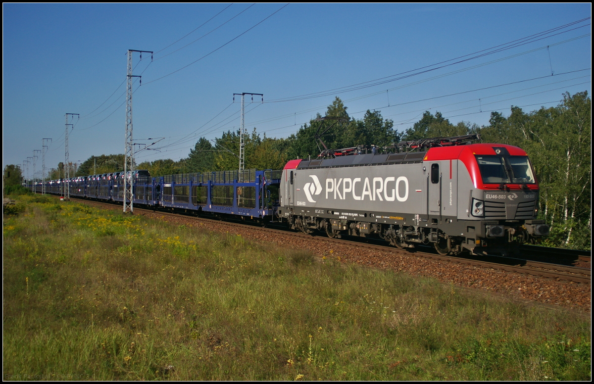 PKP Cargo EU46-503 / 193-503 fuhr mit neuen Autos am 29.08.2017 durch die Berliner Wuhlheide