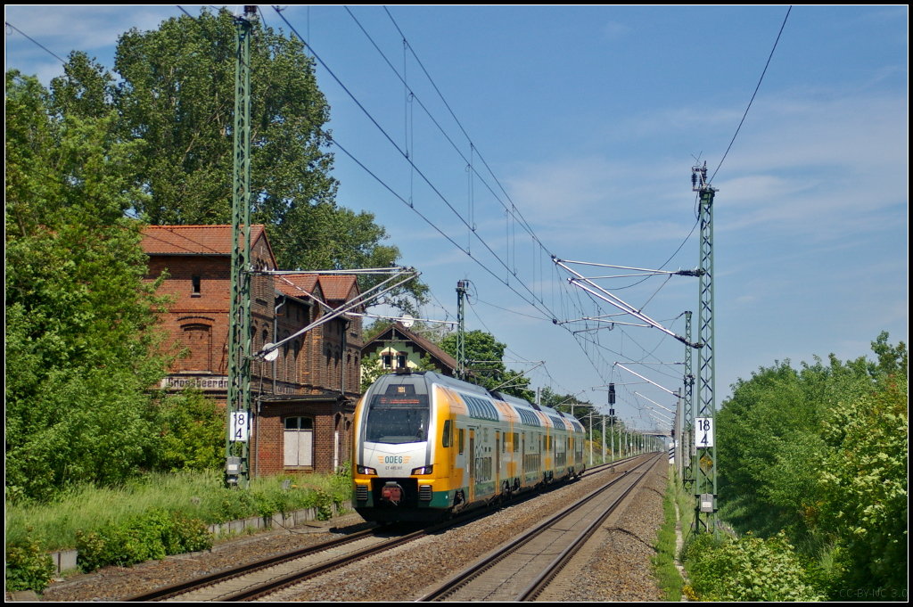 Zum nchsten Halt nach Grobeeren kommt ODEG ET 445.101 auf der Fahrt nach Lutherstadt Wittenberg am 28.05.2017 eingefahren