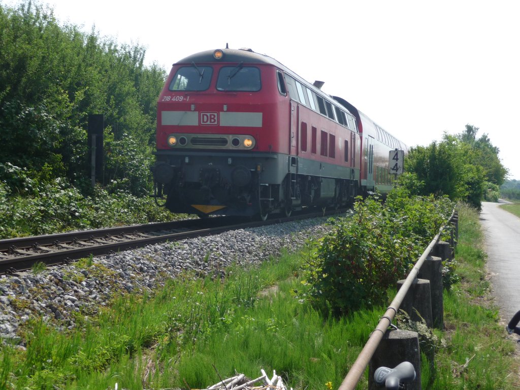 218 409 ist im Juli 2010 mit einem IRE nach Ulm in der N�he von Eriskirch am Bodensee unterwegs.