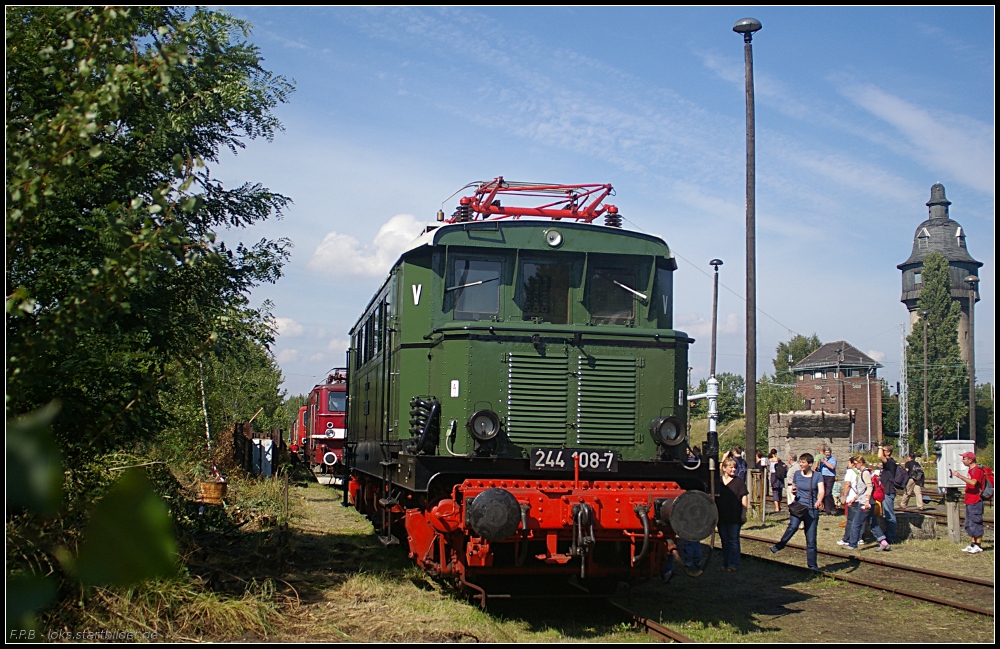 244 108-7 zeigt sich in einer Reihe weiterer Elektrolokomotiven beim 7. Berliner Eisenbahnfest im Bw Schöneweide am 12.09.2010