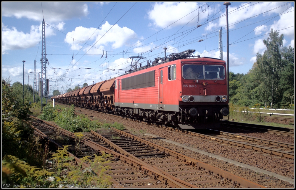 DB Schenker 155 160-5 mit Schüttgutwagen Richtung Erkner am 06.09.2011 in Berlin Hirschgarten
<br><br>
- Update: 02/2012 in Seelze Rbf z; 10.02.2013 bei Bender in Opladen; 05.03.2013 ++