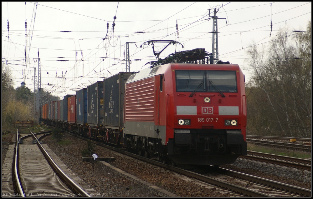 DB Schenker 189 017-7 mit Container am 14.04.2012 in Ludwigsfelde-Genshagener Heide