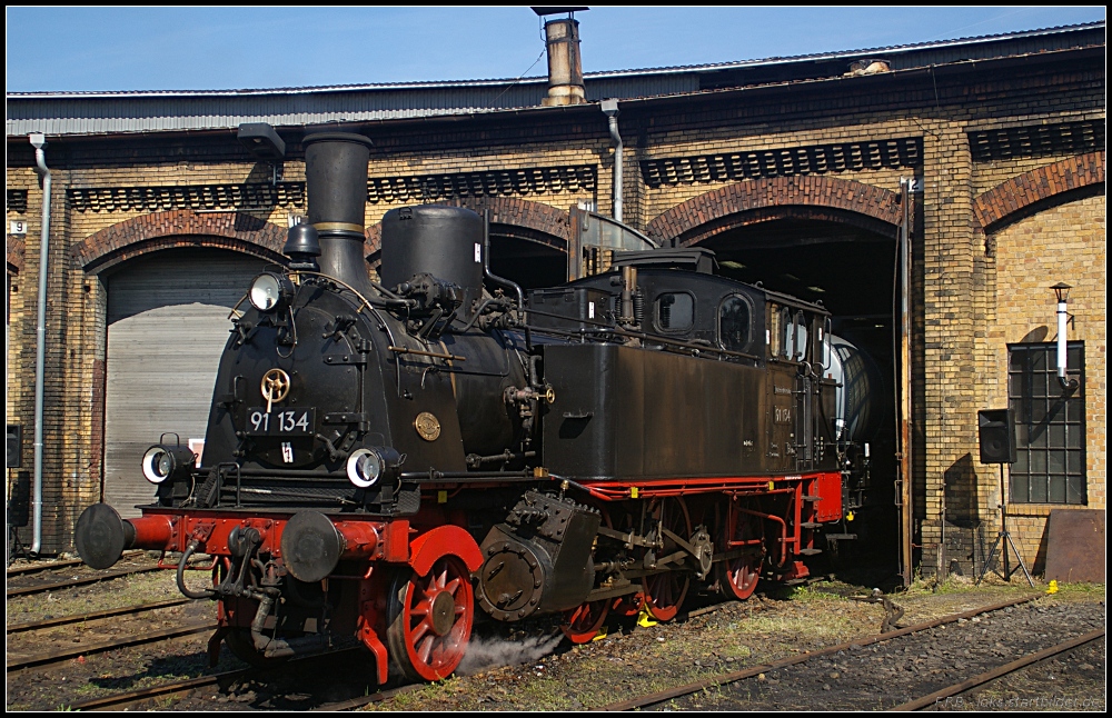 DR 91 134, Bauart 1'Cn2t, wurde 1898 von der Elsässischen Maschinenbau-Gesellschaft Grafenstaden gebaut und ist jetzt bei dem Schweriner Eisenbahn- und Technikmuseum im Einsatz (7. Berliner Eisenbahnfest, Bw Schöneweide 12.09.2010)