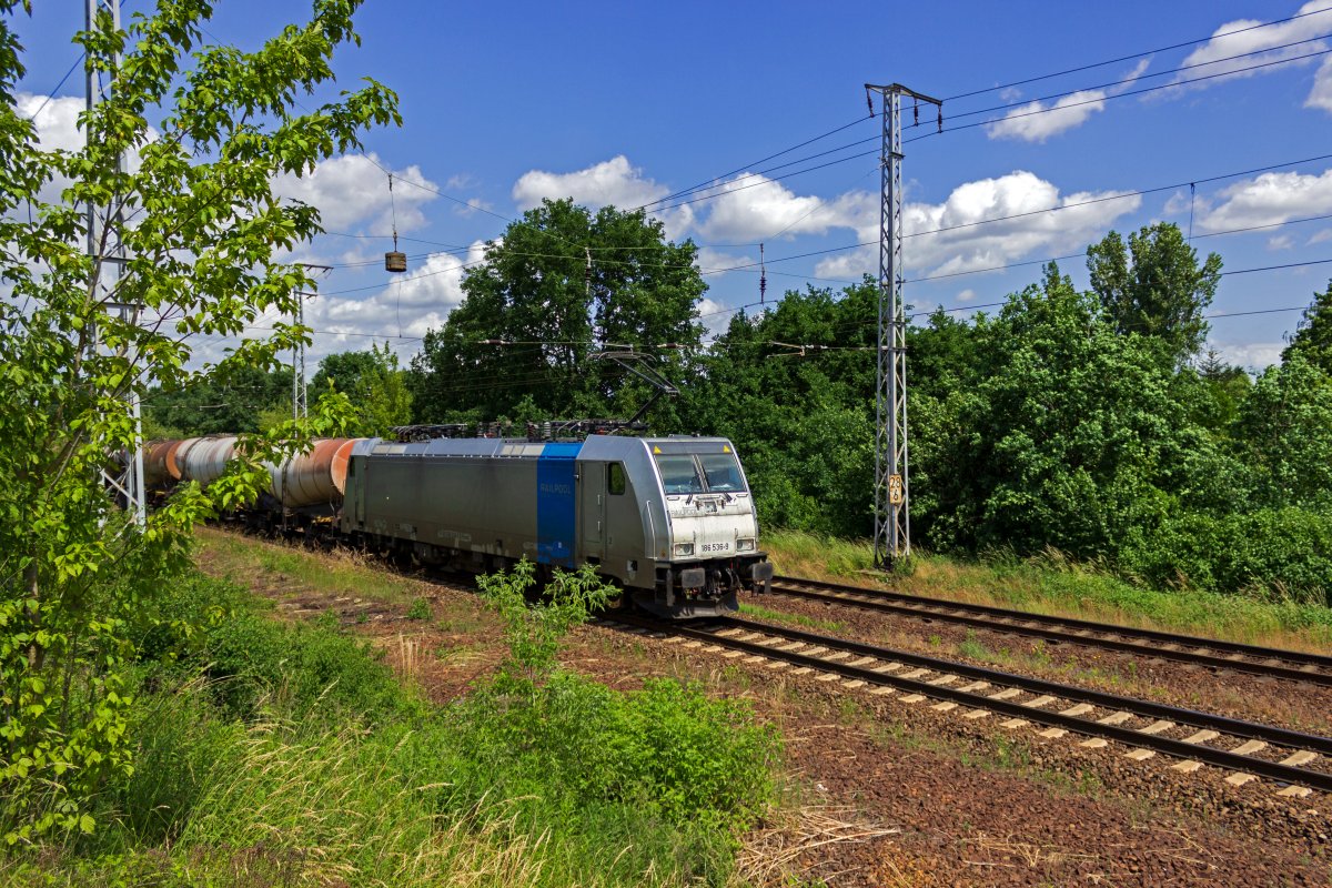 Am 13.06.22 rollt 186 536 mit einem G�terzug durch das Gel�nde des weitgehend zugewachsenen ehemaligen Rangierbahnhofs Berlin-Wuhlheide.