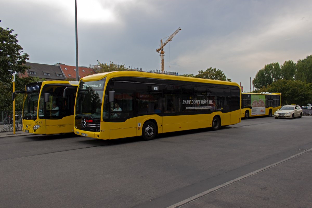 Auch wenn beide eng miteinander verwand sind, unterscheiden sich die Elektro-Citaro optisch doch deutlich von ihren Gegenstücken mit Verbrennungsmotor. Ein  Nasenvergleich  zur Veranschaulichung mit BVG-Wagen 1817 (inklusive humoriger Eigenwerbung) und BVB-Wagen 8323 am Ostbahnhof.