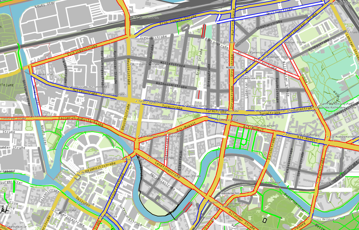 Fahrradstadtplan Berlin, basierend auf Openstreetmap-Daten. Bei der Planung von Fahrradfahrten ist es hilfreich zu wissen, wo sich Radwege (rot), Fahrradspuren (blau), Busspuren (rosa), Fahrradfreigaben (grn) und Fahrradverbote (schwarz) befinden. Ganz wichtig, und oft vergessen, ist zudem die Information, welche Straen einen schlechten Belag, insbesondere Kopfsteinpflaster, haben.

Ich habe in den letzten Monaten viel Herzblut in eine neue Onlinekarte gesteckt. Perfekt ist sie noch nicht, aber doch hoffentlich ein Anfang. Meinungen wrden mich sehr interessieren.

Daten von Openstreetmap-Mitwirkenden, Lizenz: OdBL
Karte: Fahrrad-Stadtplan.eu http://www.fahrrad-stadtplan.de/deutschland/berlin/