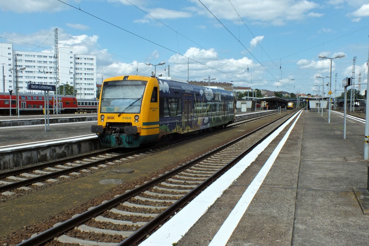 VT650.65 der ODEG, der f�r das Wald-Solar-Heim Eberswalde wirbt, wird hier am 4.6. bereitgestellt, um den im Hintergrund sichtbaren VT650.68 auf der Fahrt nach Frankfurt zu verst�rken.