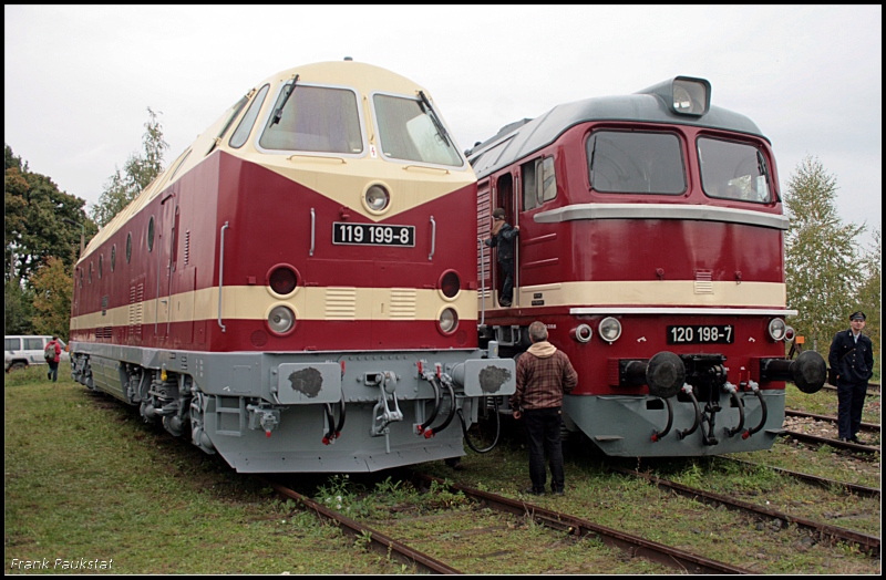 MEG 119 199 und 120 198 (Leihgabe DB Museum Nrnberg) eintrchtig nebeneinander (Eisenbahnfest des TEV zum Weimarer Zwiebelmarkt, Weimar 10.10.2009)