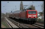 DB Regio 114 039-1 fuhr am 20.04.2010 mit einem Regional-Express mit unbekanntem Ziel durch Berlin Karow